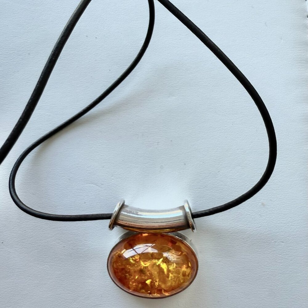 Sterling Silver Amber Pendant Leather Cord Necklace